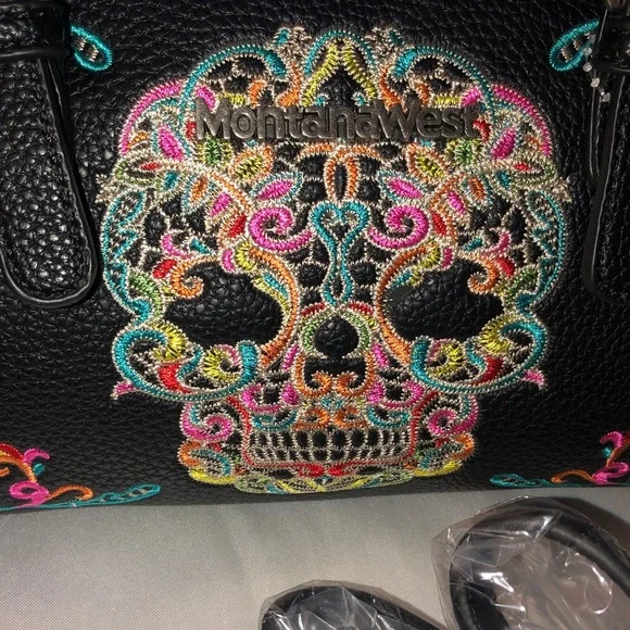 Montana West Black Faux Leather Embroidered Sugar Skull Satchel Crossbody NWT - Picture 16 of 16